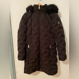 Womens Calvin Klein Duck Down-Water Foel Puffer Fleece Hood Long Winter Coat S